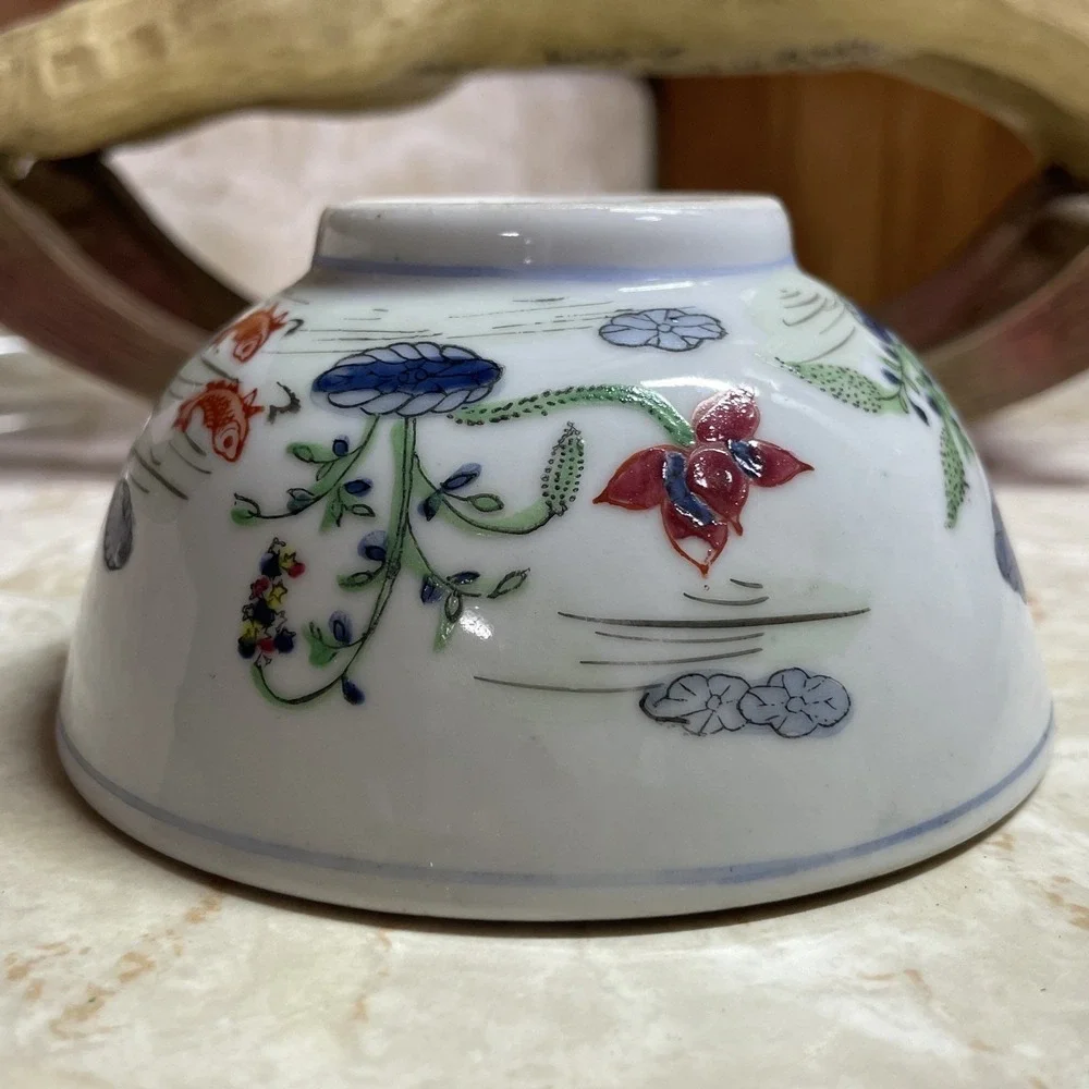 Vintage Chinese Koi Fish Ceramic Bowl - Fish Pond w/ Orange‎ Blue Flowers